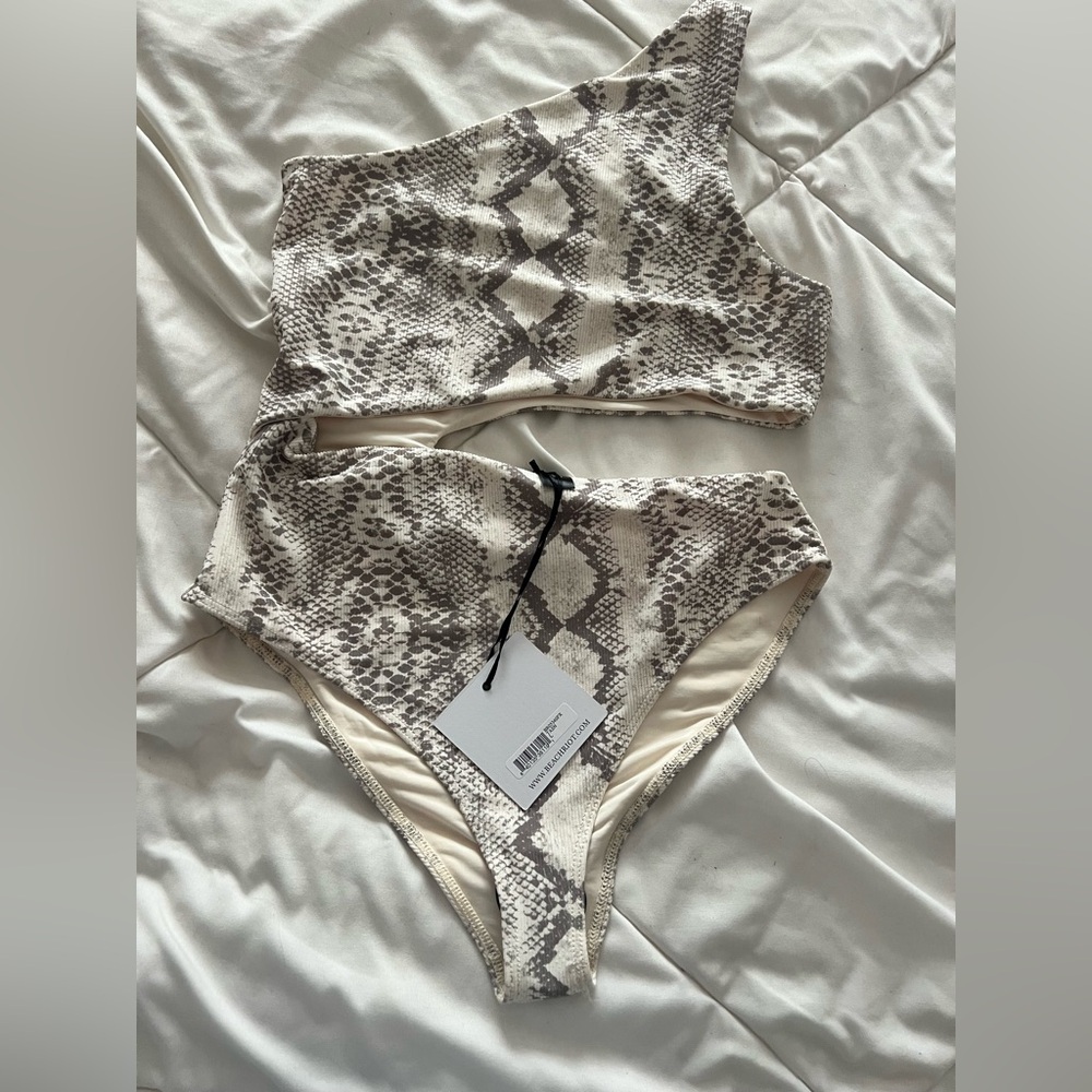 Beach Riot Celine taupe snake skin one piece bathing suit